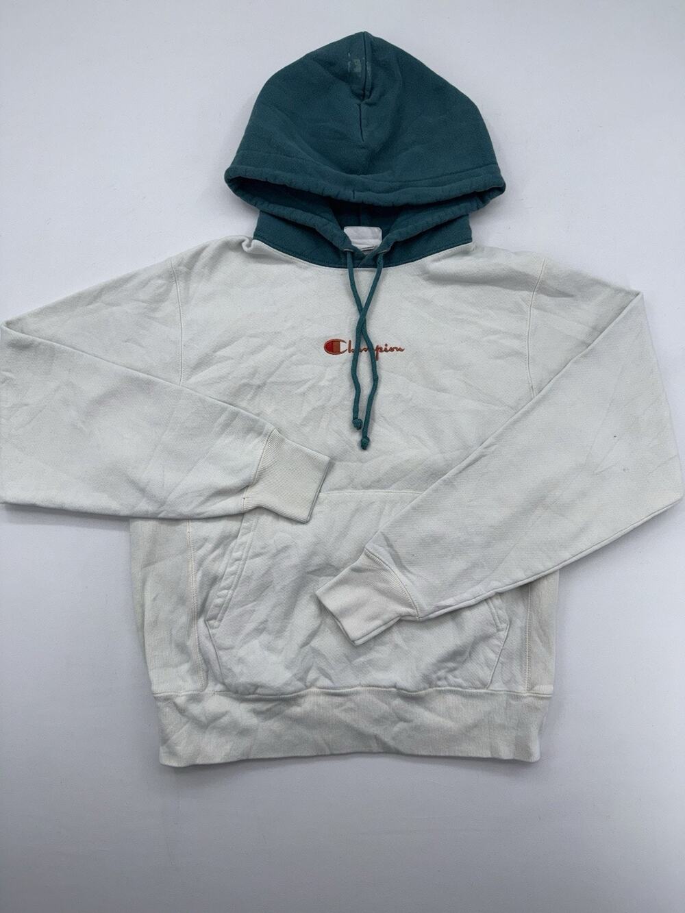 Champion Reverse Weave Teal & White Spellout Logo Hoodie Sweatshirt Size Small